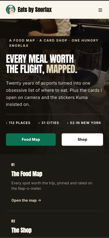 The Eats by Snorlax site at phone width